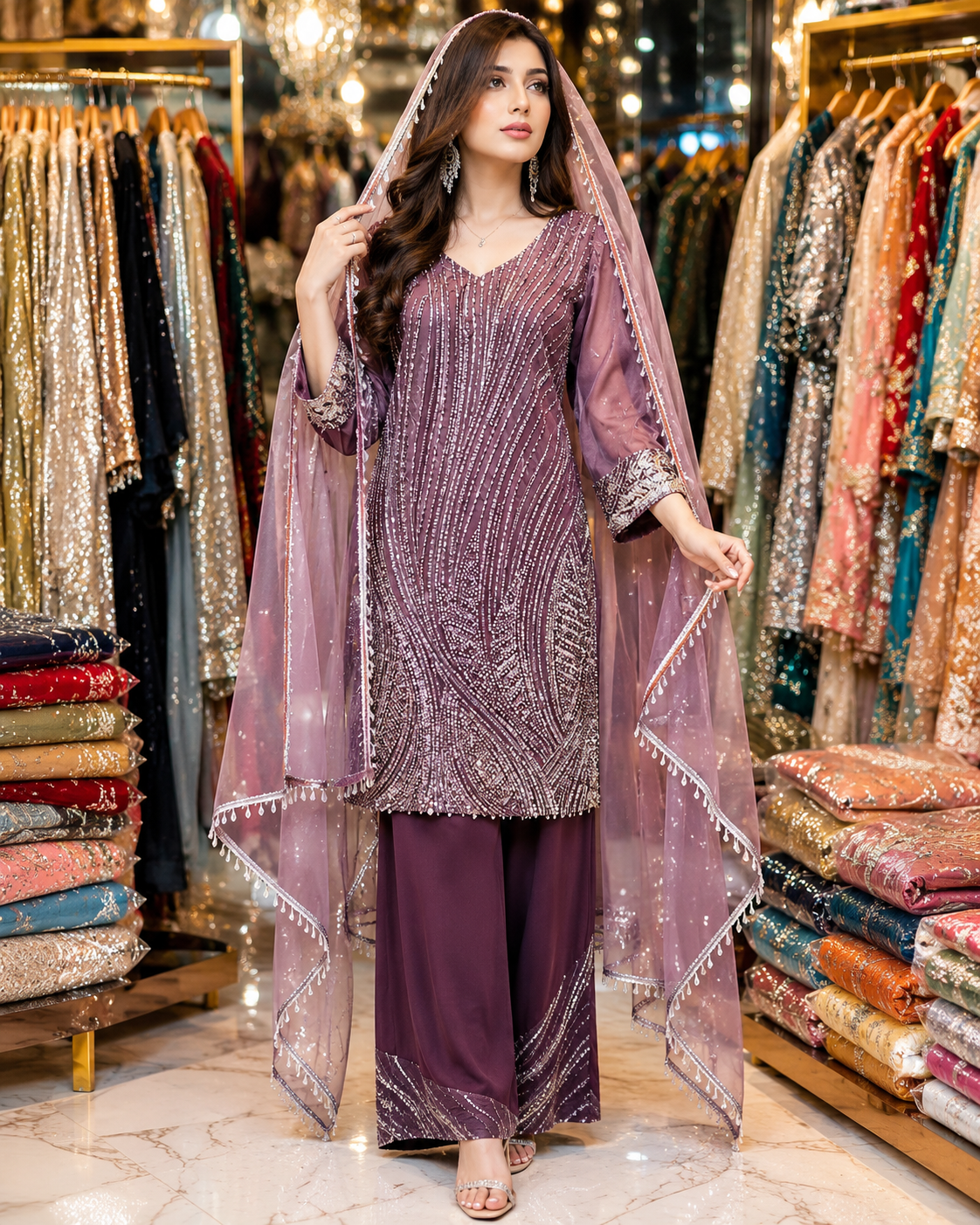 Dusty Violet Pakistani Style Embroidered Kurta Set with Wide-Leg Palazzo