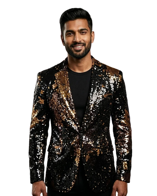 Luxury Black & Gold Sequin Designer Blazer for Men | Premium Party Wear Sparkle Tuxedo Jacket