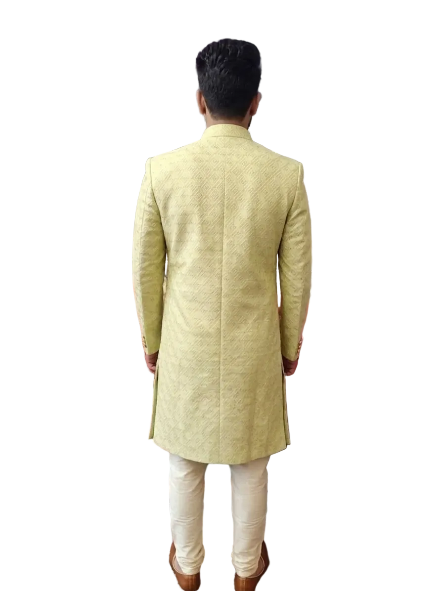 Elegant Pistachio Green Jacquard Sherwani for Men – Designer Wedding & Festive Wear