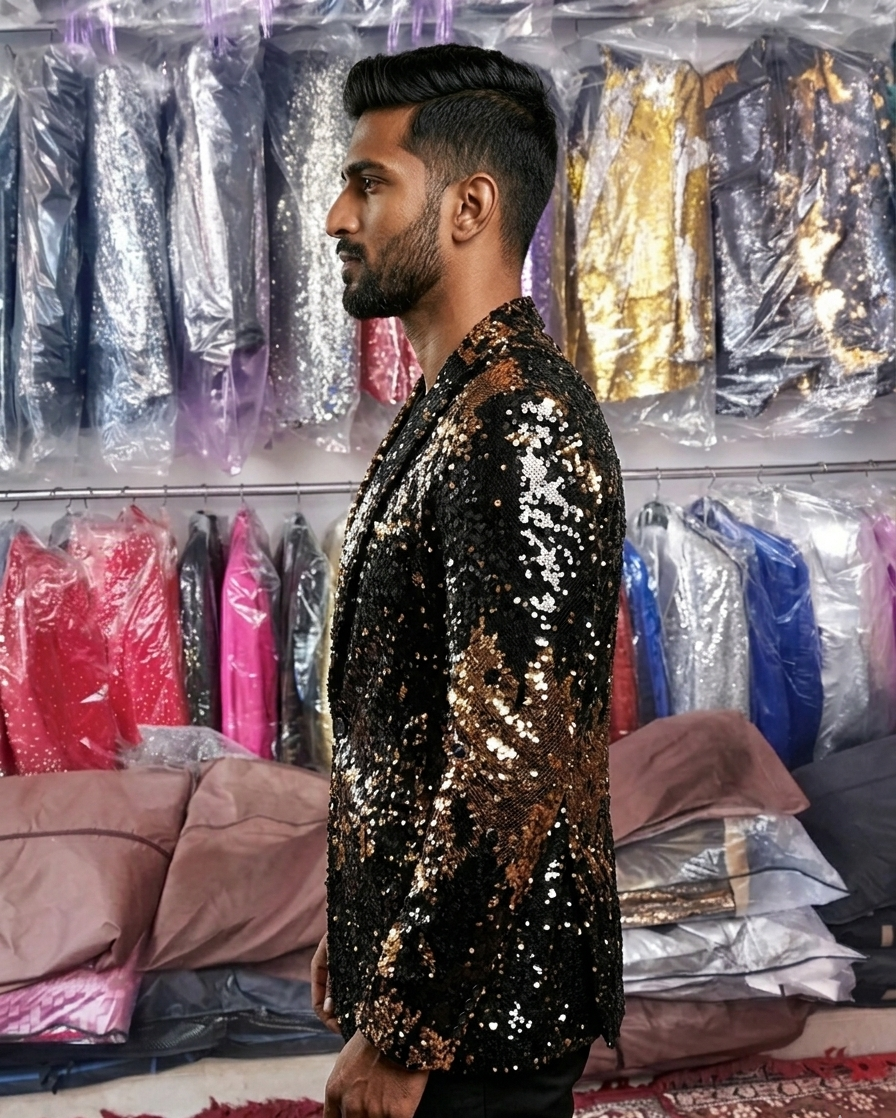 Luxury Black & Gold Sequin Designer Blazer for Men | Premium Party Wear Sparkle Tuxedo Jacket