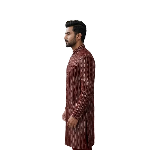 Maroon Mirror Work Sherwani – Designer Wedding Wear for Men