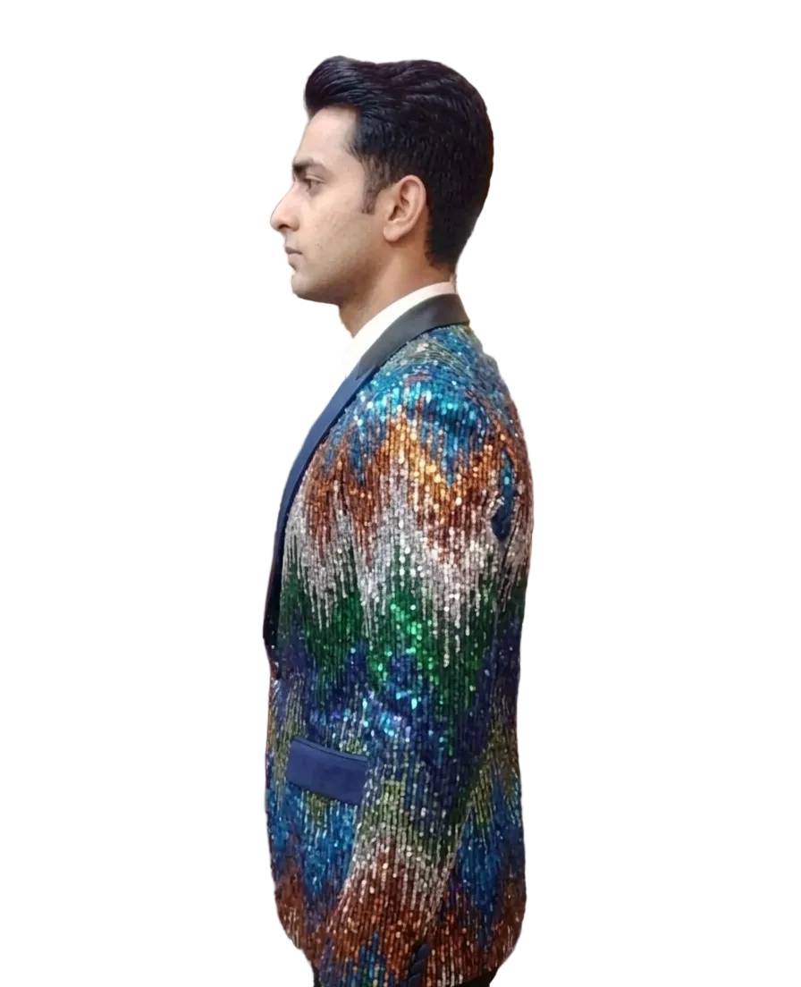 Premium Multicolor Sequin Party Blazer for Men | Luxury Designer Shimmer Tuxedo Jacket for Weddings & Events