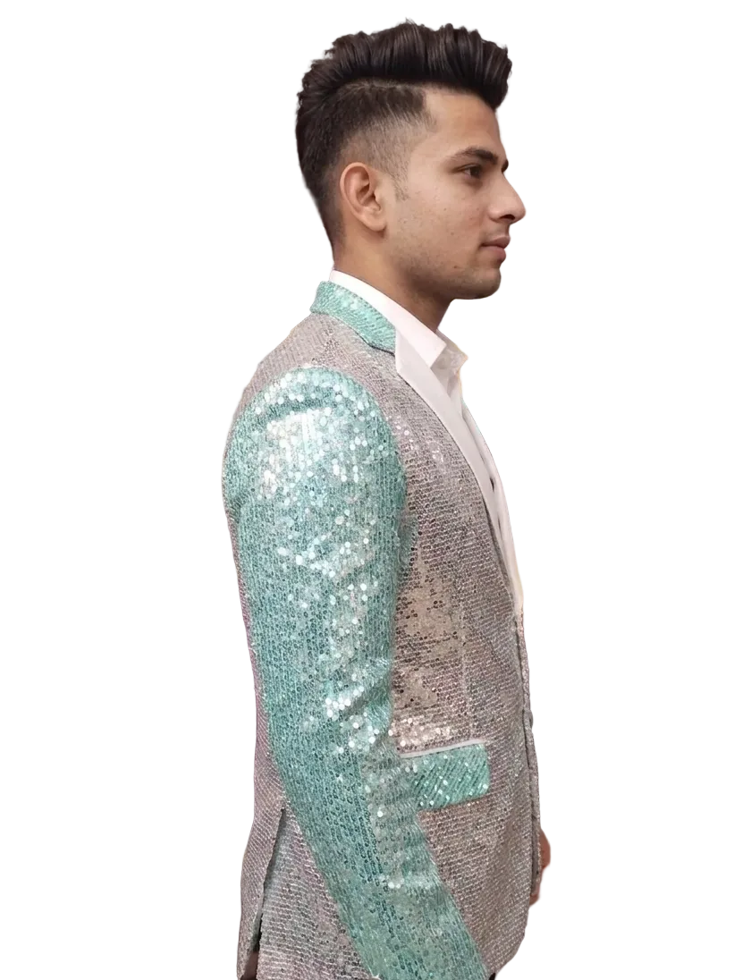 Silver & Mint Green Sequin Blazer – Trendy Party Wear for Men