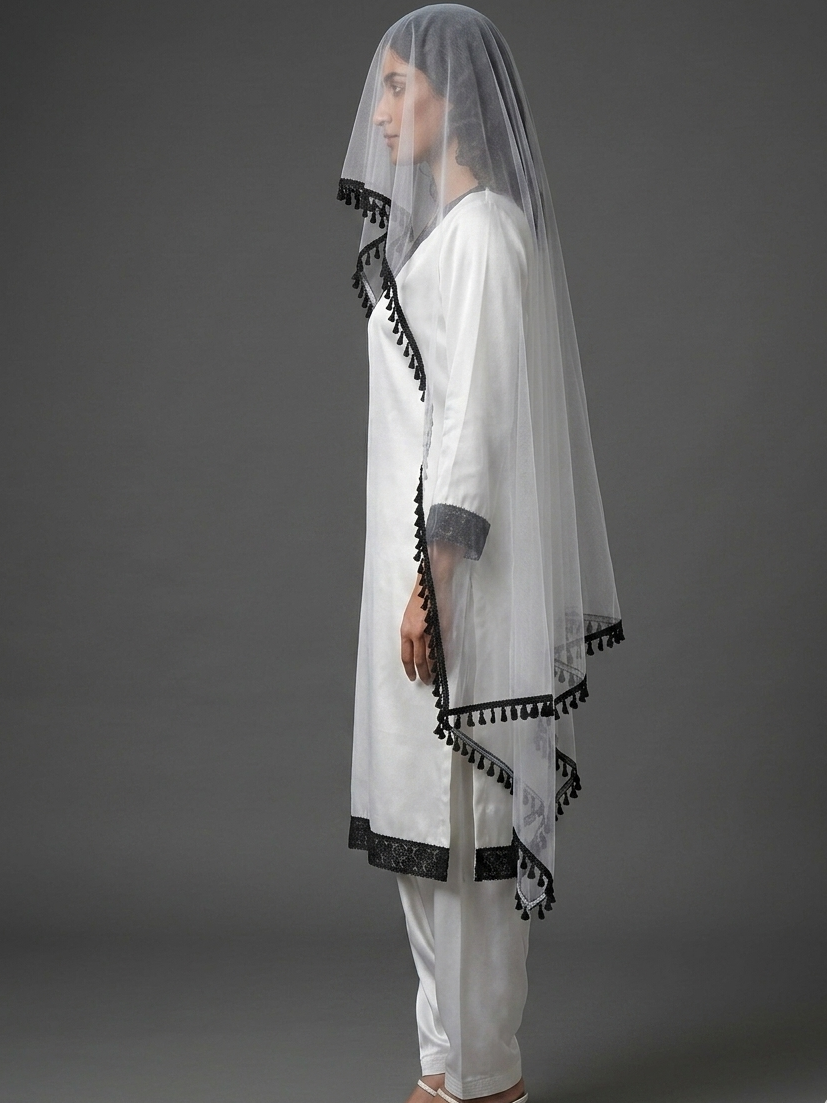 Elegant White Silk Salwar Suit Set with Contrasting Black Lace Trim & Matching Net Dupatta