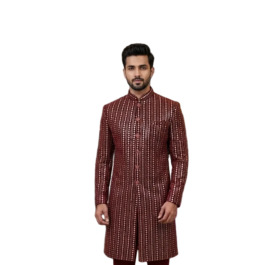 Maroon Mirror Work Sherwani – Designer Wedding Wear for Men