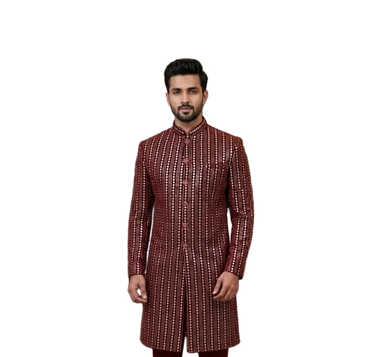 Maroon Mirror Work Sherwani – Designer Wedding Wear for Men