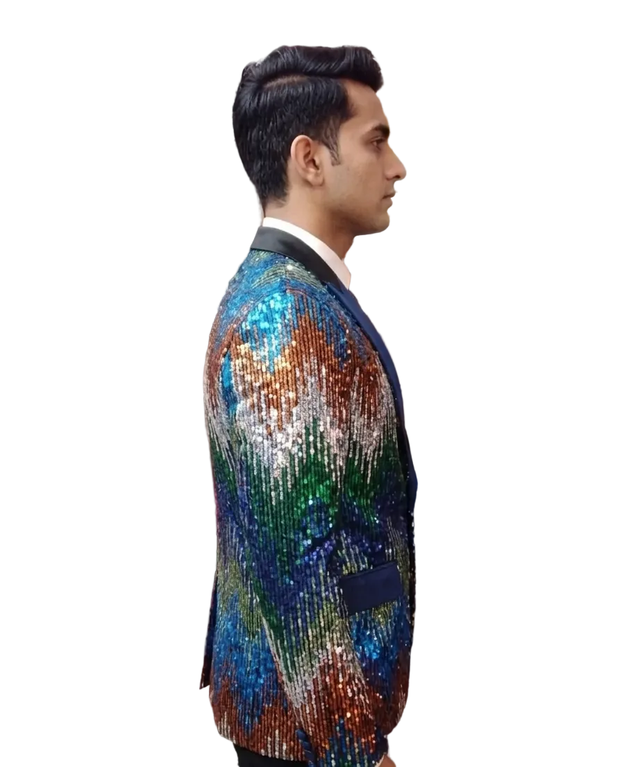 Premium Multicolor Sequin Party Blazer for Men | Luxury Designer Shimmer Tuxedo Jacket for Weddings & Events