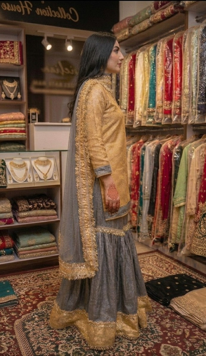 Stunning Ethnic Glamour: Beautiful Mustard Silk Kurti with Metallic Grey Gharara and Sheer Net Dupatta