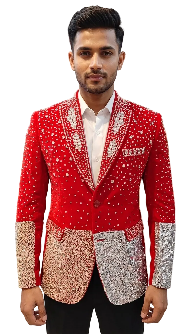 Luxury Red Crystal Embellished Designer Blazer for Men | Premium Wedding & Party Wear Tuxedo Jacket