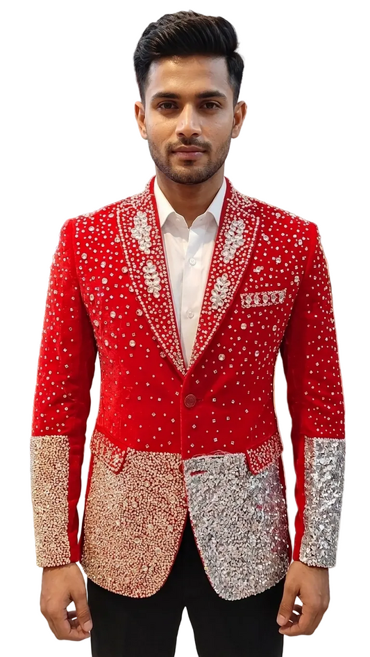 Luxury Red Crystal Embellished Designer Blazer for Men | Premium Wedding & Party Wear Tuxedo Jacket